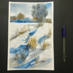 Watercolor painting of a snowy landscape
