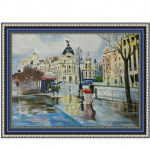 Watercolor painting of a rainy city landscape